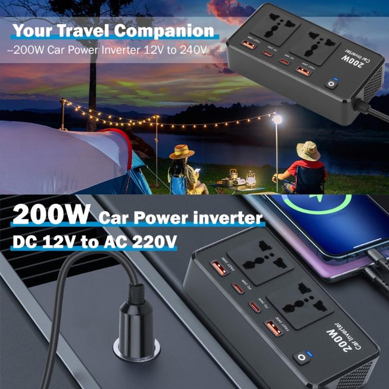 200W Car Power Inverter DC12V To AC220V with USB Ports for Tablets Laptops and Mobile Devices Long Drives Business Trips