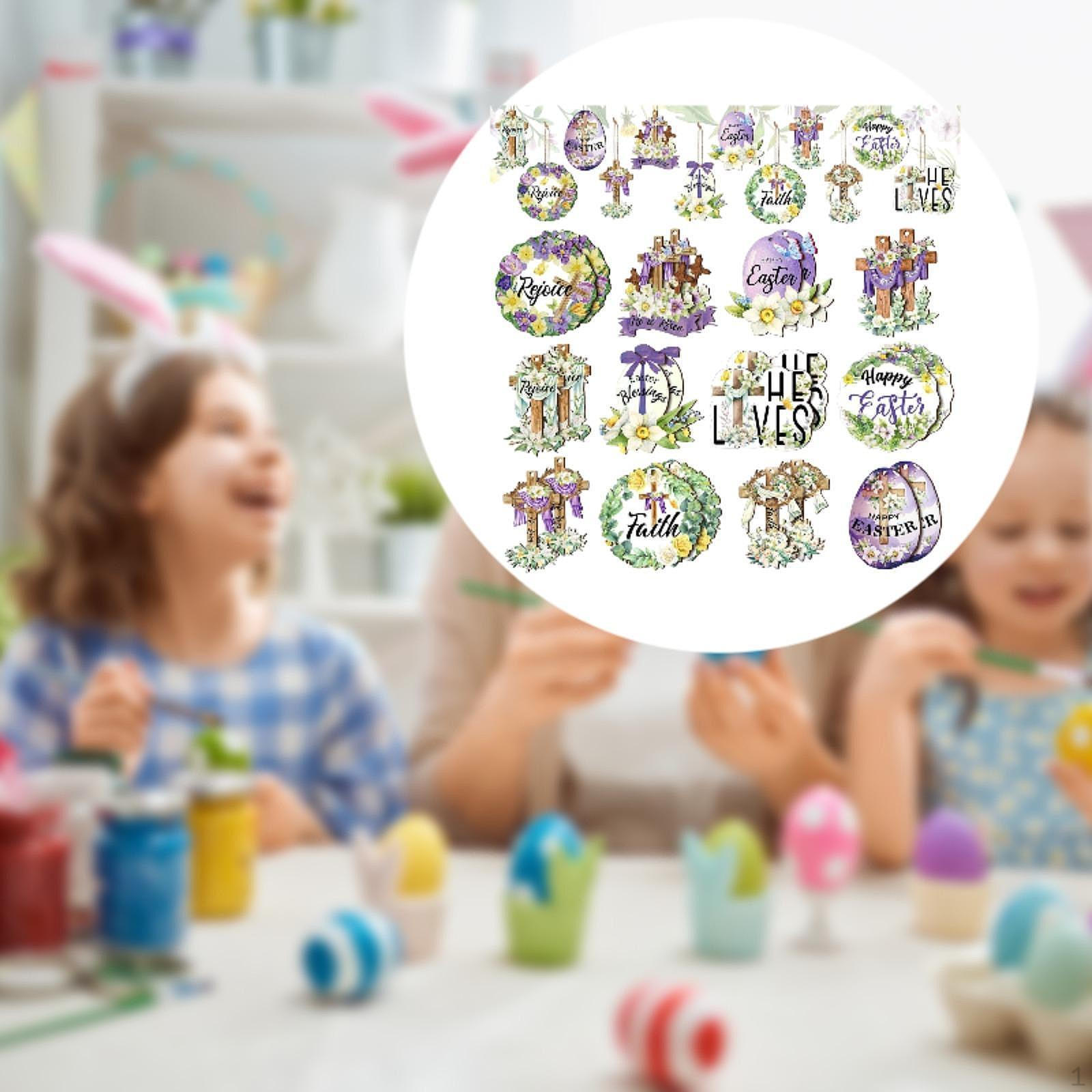

24 Pieces Easter Wooden Hanging Ornament Decorative Sign with Rope Tree Decoration Pendant for