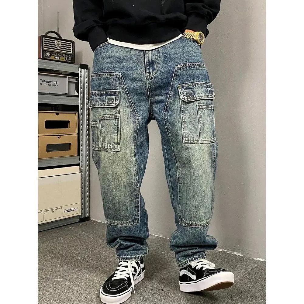 Men Autumn and Winter Vintage Casual Denim Jeans Design Loose Straight Embroidery Handsome Pants