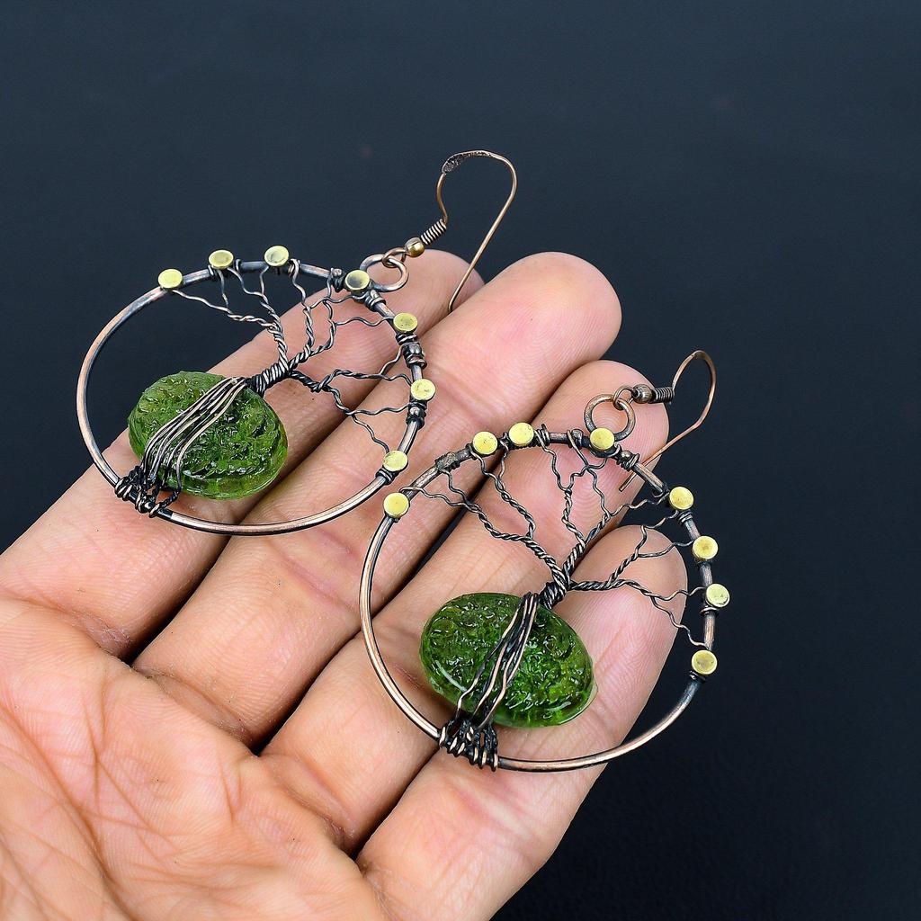 Moldavite Earrings, 999 Copper Wire Wrapped Gemstone Jewelry, Handmade  Earrings For Mother Day