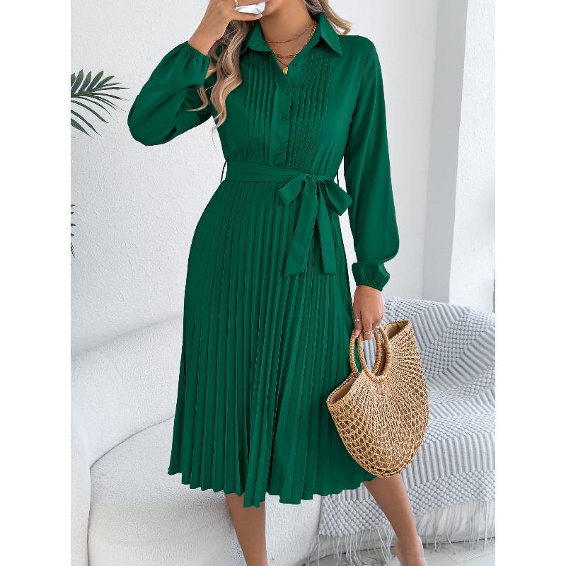 Spring and Summer Elegant Solid-color Collared Long-sleeved A-line Wrap Dress for Women