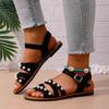 Women's Flat Sandals with Pearl Embellishments Cross Strap Open Toe Adjustable Buckle Closure Lightweight Casual Footwear for Summer