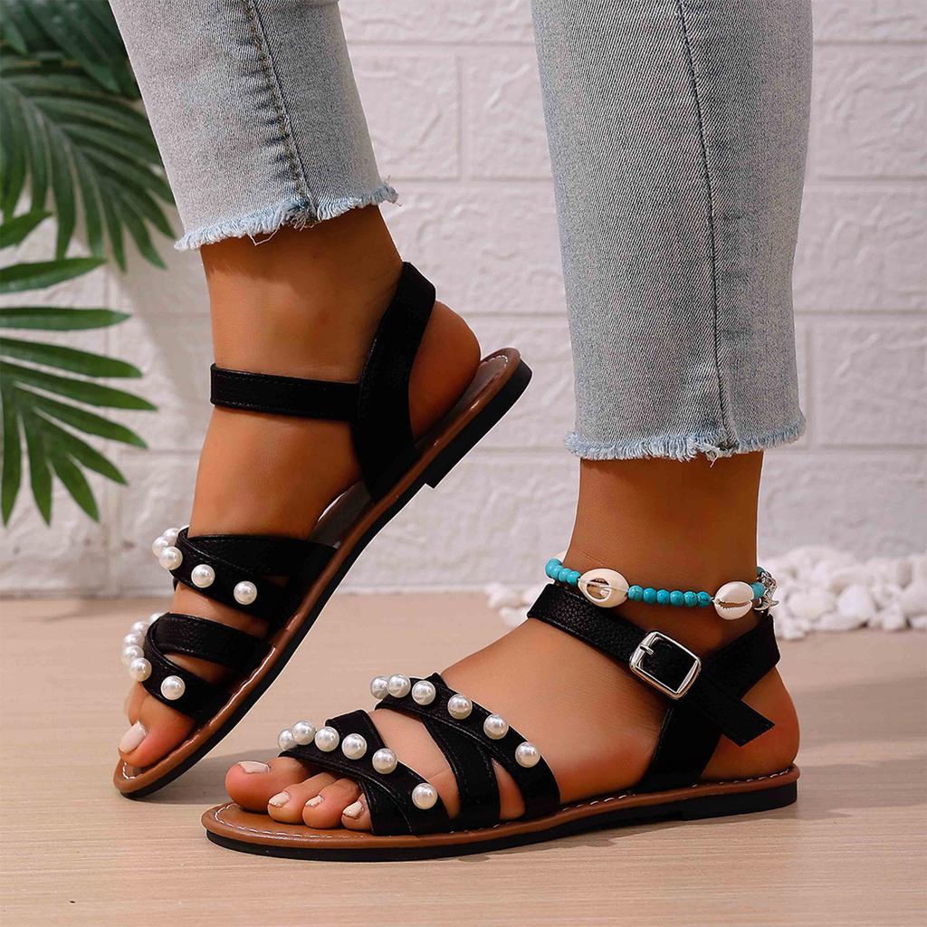 Women's Flat Sandals with Pearl Embellishments Cross Strap Open Toe Adjustable Buckle Closure Lightweight Casual Footwear for Summer