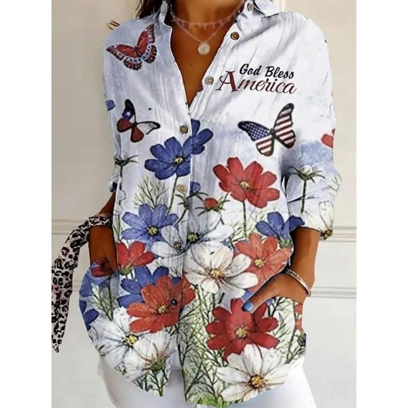 Women's Long-Sleeve Shirt Star-Print Button-Down Collar Fashionable Breathable Shirt Casual Everyday Loose-Fit Versatile Shirt