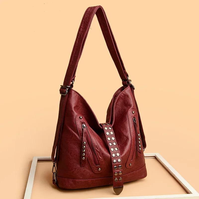 Borsa a Spalla Singola da Donna di Grande Capacità Retrò Design alla Moda con Borchie Multifunzionale Doppia Zaino Forma a Secchiello