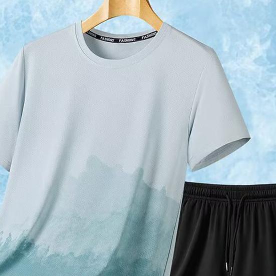 2Pcs/Set Men Summer Outfit O-neck Short Sleeve Printing T-shirt Elastic Drawstring Waist Shorts Set Loose Fit Quick Drying Sportswear