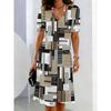 3D Vintage Plaid Stripe Print Dress Women's Summer Casual V-Neck Short Sleeve Mini Dress