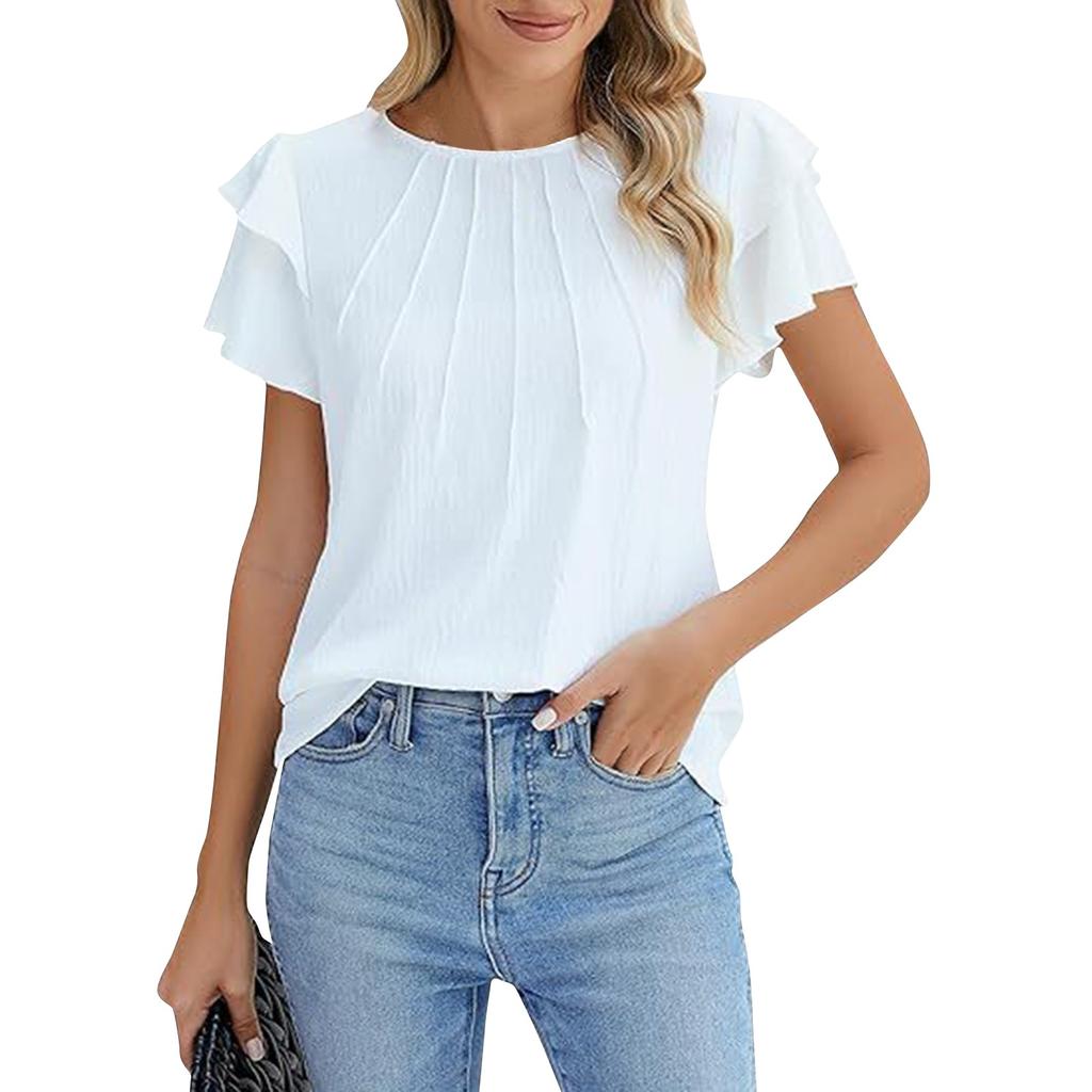 Women's Formal Casual Summer Pleated Short Sleeve Round Neck Top