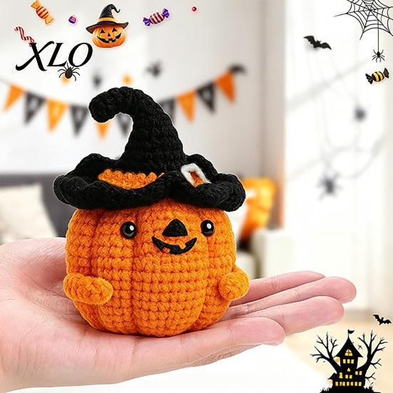 Halloween Häkelkürbis Dekor Handgemacht Positiv mit Hexenhut, Herbst Boo Korb Füller, Gemütliche Herbst Wohnaccessoires Mini Gestrickte Plüschfigur,