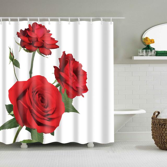 Japanese Style Cherry Blossoms Red Rose Shower Curtains Bathroom Curtain Frabic Waterproof Polyester Bathroom Curtain with Hooks