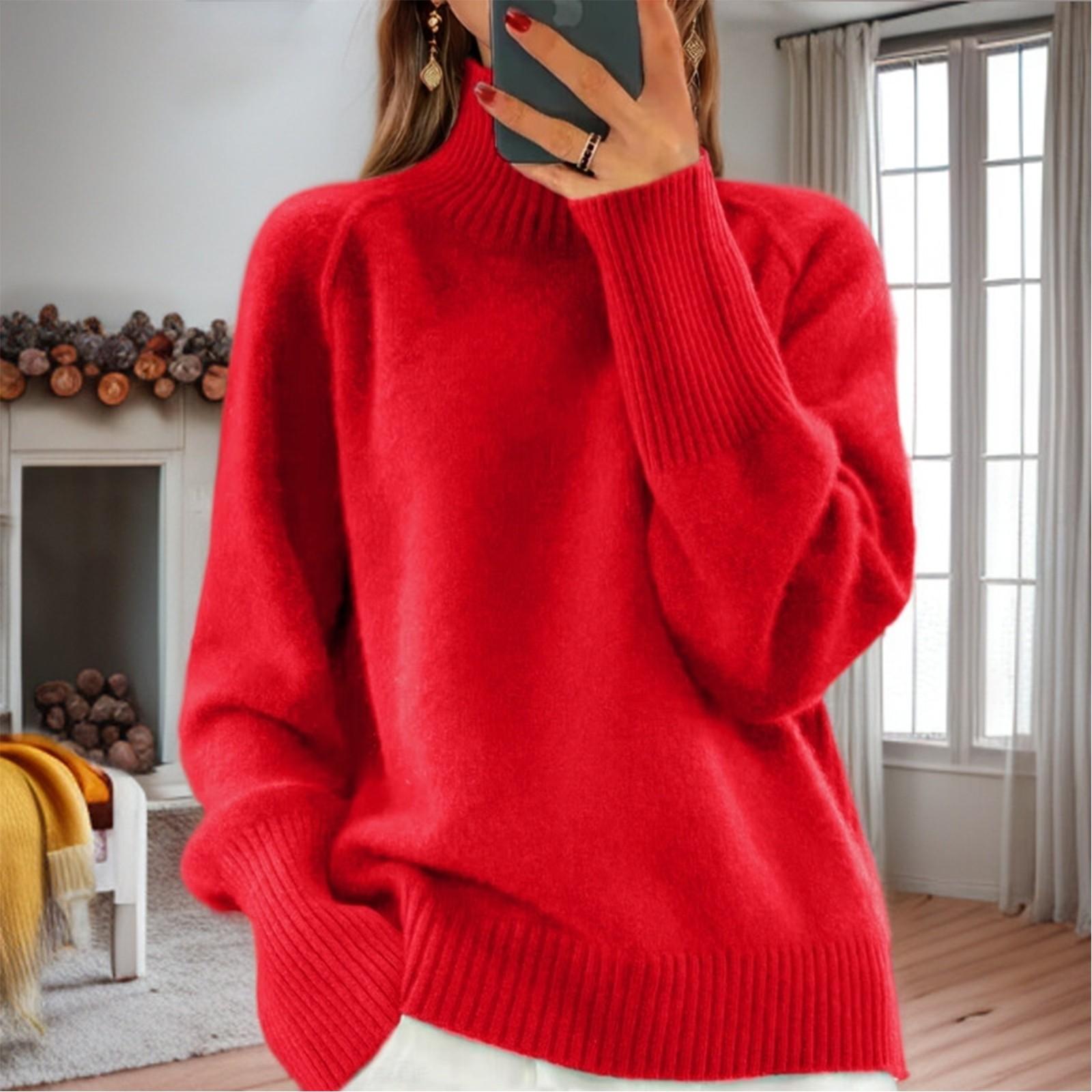 

Женский модный свитер с высоким воротом, однотонный трикотажный свитер, повседневный свитер L красный