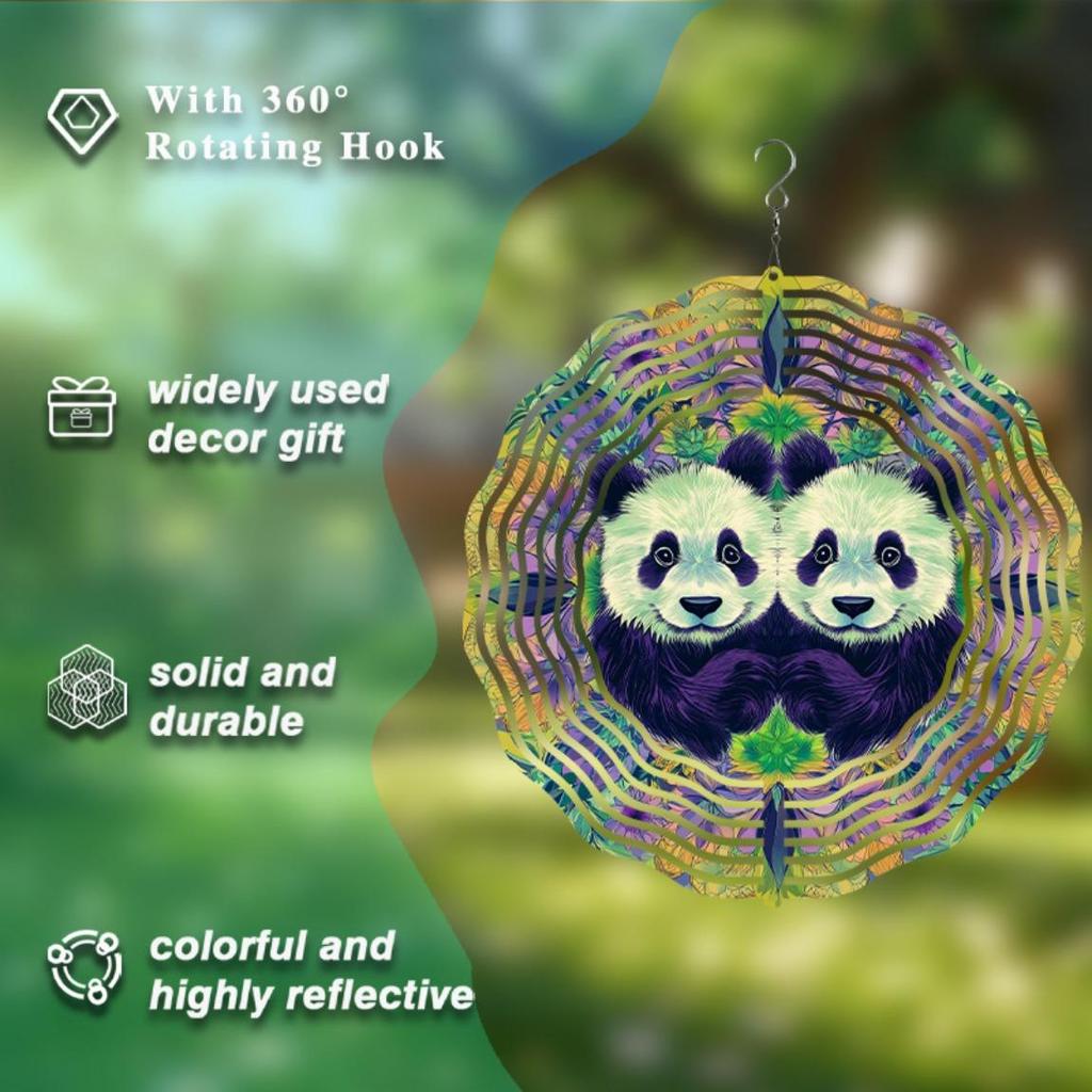 Carillon éolien suspendu de 10 pouces avec motif panda 2D, mouvement de balancement rotatif pour décoration extérieure de jardin, patio, balcon, cadeau toutes saisons
