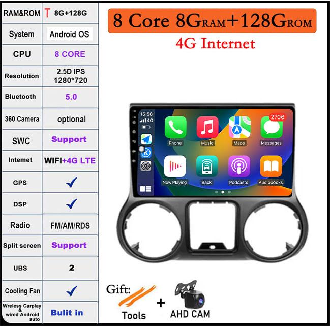 10.1 Inch Android 14 IPS QLED For Jeep Wrangler 3 JK 2011 - 2014 Car Video Stereo GPS Multimedia Player BT Carplay