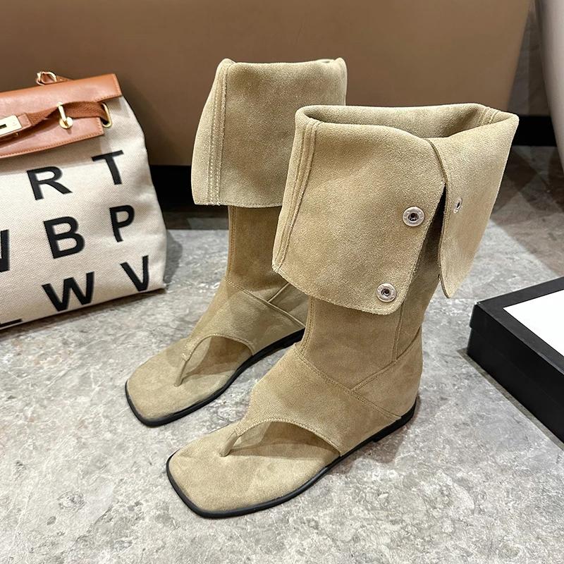 Damen Sandalen Kleine Größe Lazy Wind Runde Zehenspitze Clip Zehen Innerhalb Der Hohen Sandalen Stiefel Knopf Flip Tube Zwei Tragevarianten Modeschuhe