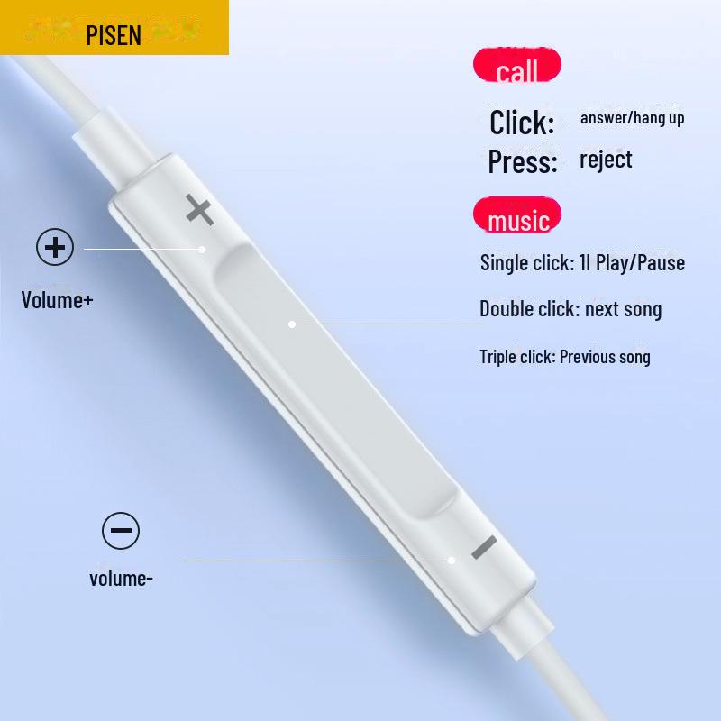 PISEN Typ-C Kabelgebundene Semi-In-Ear-Kopfhörer mit Inline-Mikrofon für HiFi-Musik & Anrufe auf Mobiltelefonen und Computern