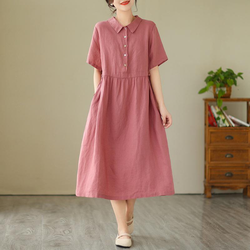 2024 Summer Japanese Style Cotton-Linen Polo Collar Midi Dress for Women