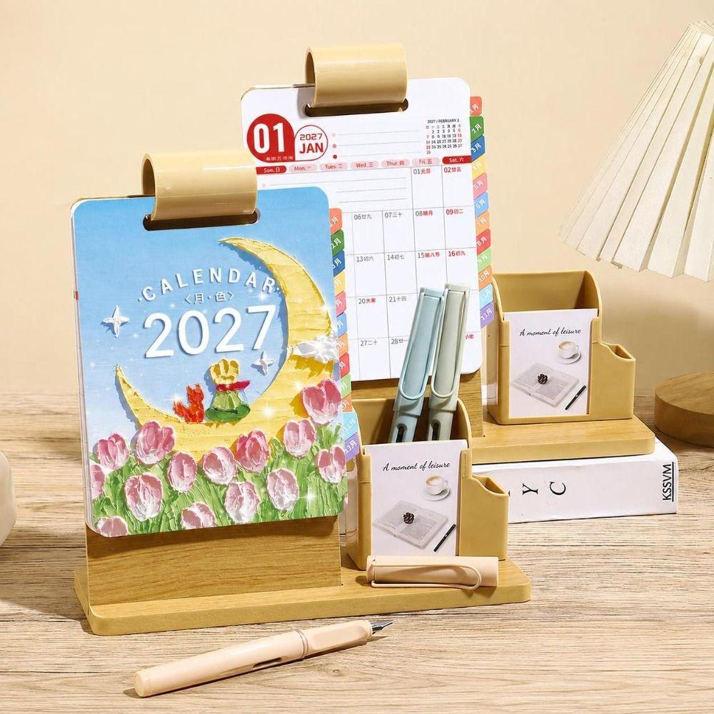 Wood Pen Holder Calendar Multifunctional 2027 Calendar Organizer Desktop Planner Stand Home Office