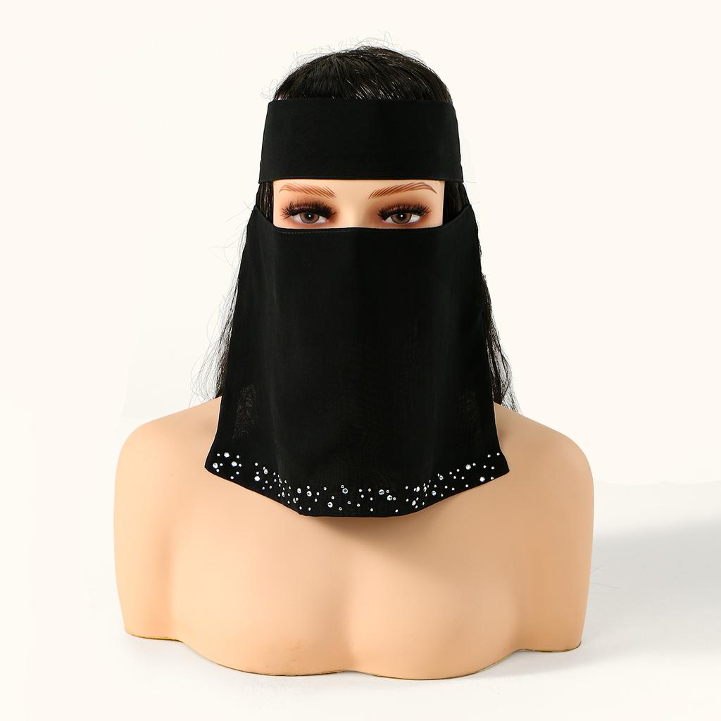 Strass Chiffon Preto Niqab Muçulmano Cobertura de Rosto Hijab Lenço Islâmico Mulheres Oração Uma Camada Respirável Cobertura de Cabeça Envoltório de Cabeça