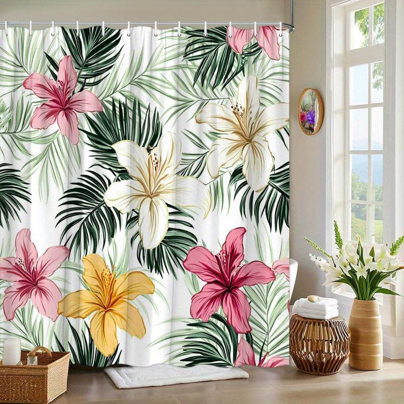 1Pc Tropical Hibiscus Garden Shower Curtain - Vibrant Pink, Yellow And White Flowers With Hooks, Machine Washable Polyester W60H190(CM)-1 Pcs