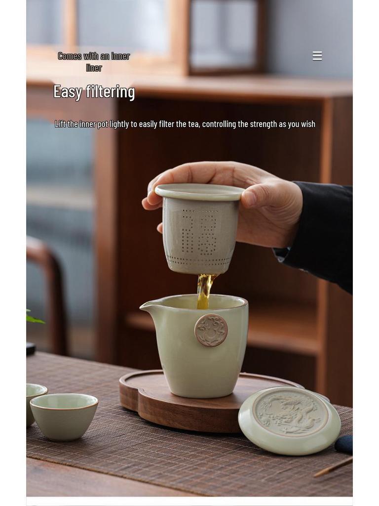 Compact Ru Kiln Travel Tea Set: Portable Quick-Brew Teapot & Teacups for One