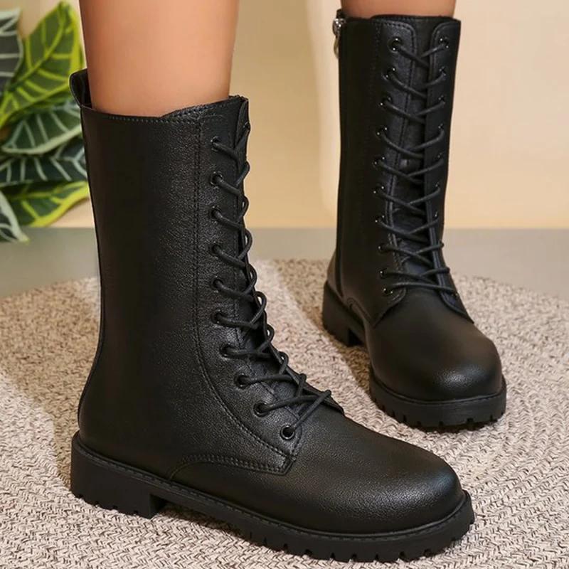 Fashion Lace Up Zipper Boots for Women Autumn Winter 2025 Solid Platform Modern Boots Woman Square Heel