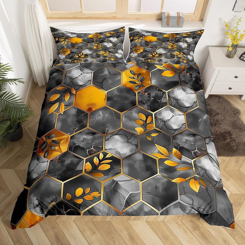 Honeycomb Duvet Cover Set Twin Queen Size, Geometric Hexagon Bedding Set For Boys Men Room Decor, Modern Style Comforter Cover