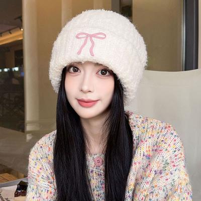 Bow Knitted Warm Hat Women's Autumn and Winter Wind-proof Cold Ear Protection Fleece Fleece Hat Cycling Hat