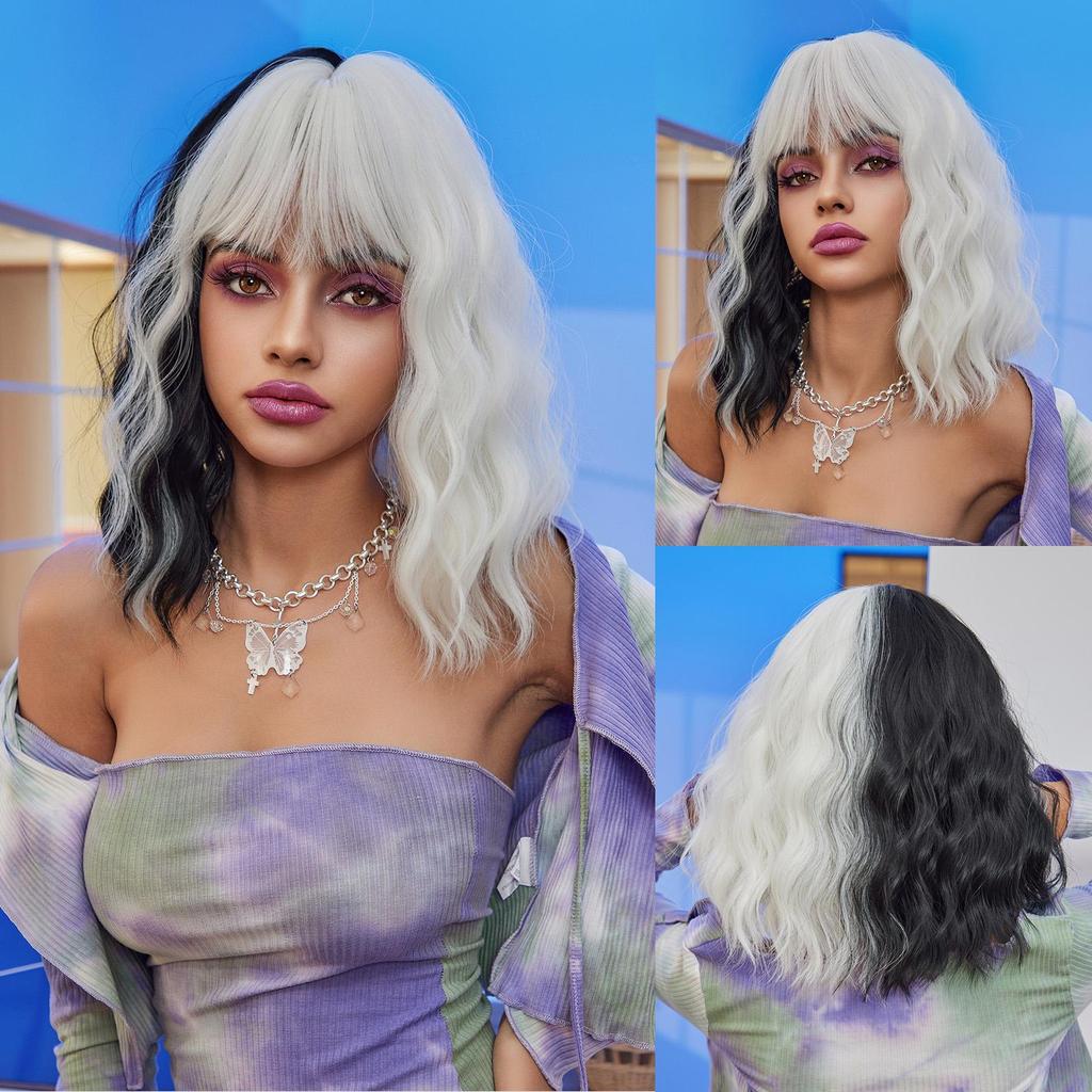 ALAN EATON Wellige kurze Bob-Perücke, blaue Perücken mit Pony, synthetische Perücken, hochwertiges Damenkleid, Original-Cosplay