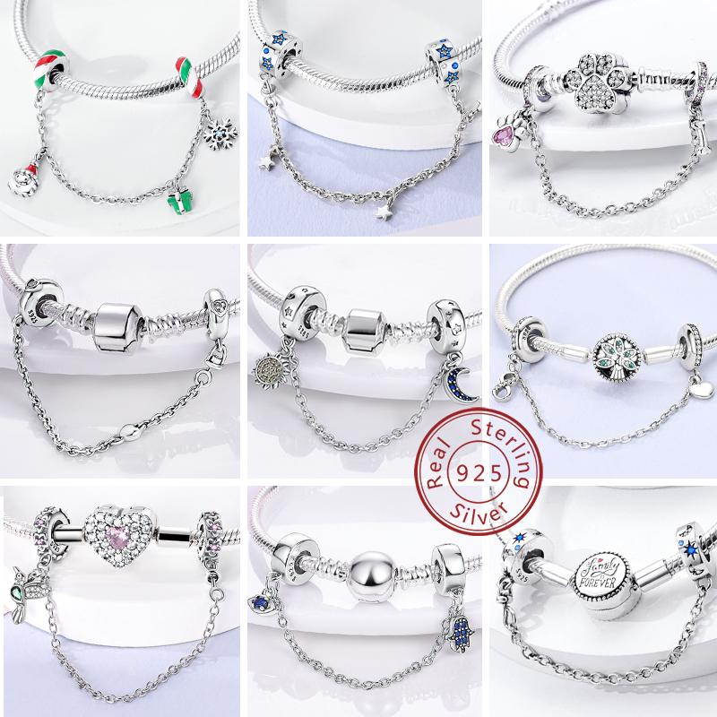 925 Silver Clip Charms with CZ Pave Round Beads Safety Chain Charm for Jewelry Making Fit Original Bracelet