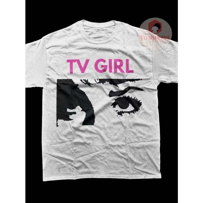 White Tshirt Tv Girl Pink Text And Black And White Eye Pattern Printed Neutral Casual Street Wear Fashion Summer Festival