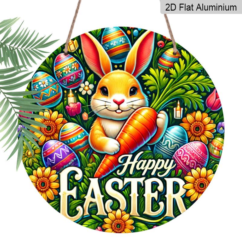 2D Flat 1pc Vintage Easter Bunny Metal Sign, Round Aluminium Door Mount Decor, 8x8 in, Farmhouse Style Wall Art for Home, Room, Street, Shop, Garage