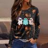 Women's Long Sleeve Round Neck Top with Halloween Print and Side Slit Hem