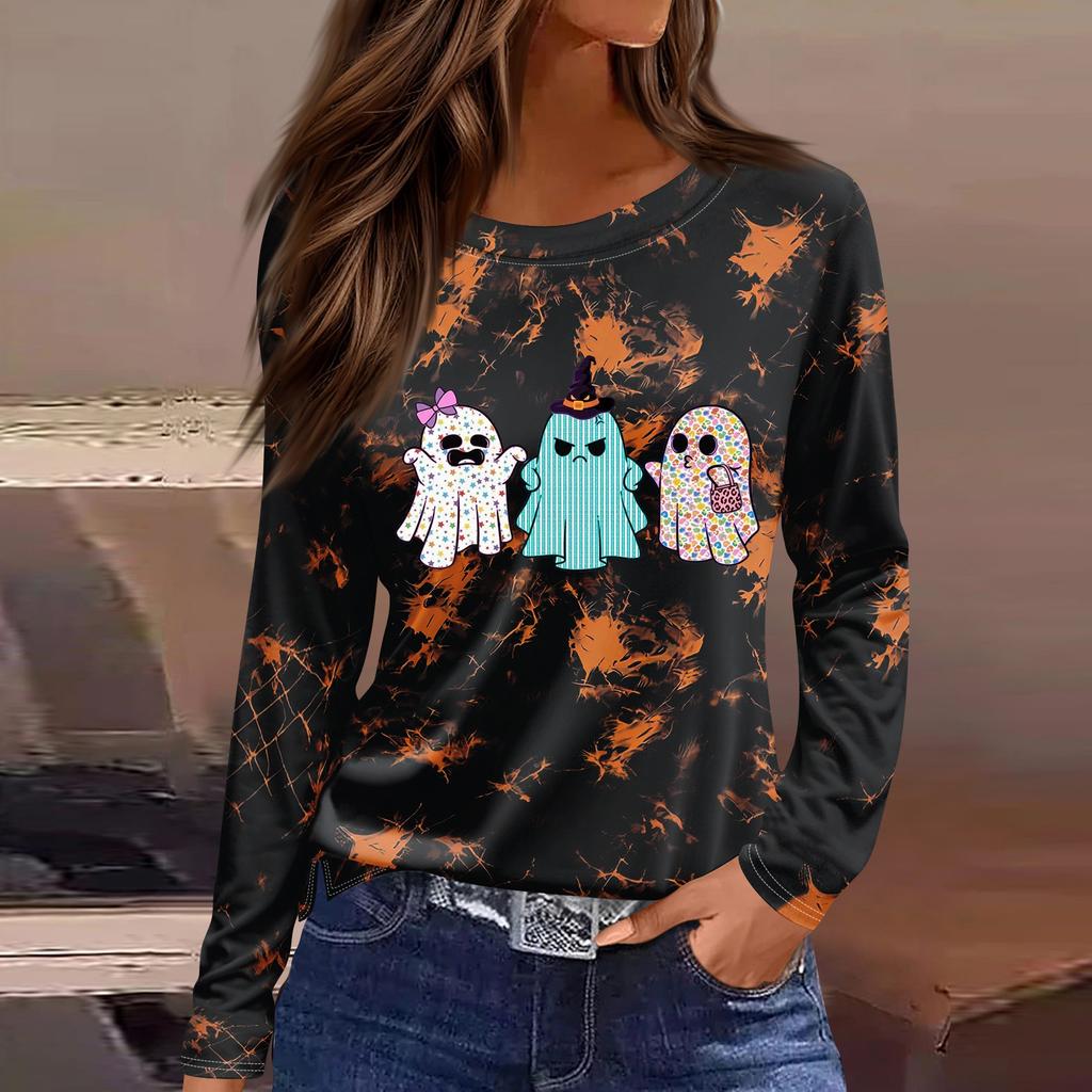 Women's Long Sleeve Round Neck Top with Halloween Print and Side Slit Hem