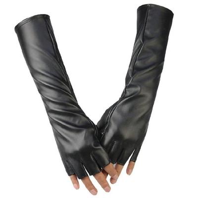 Women’s Long Fingerless Gloves Faux Leather Arm Warmer Black Design Halloween Party Dance Costume Accessory