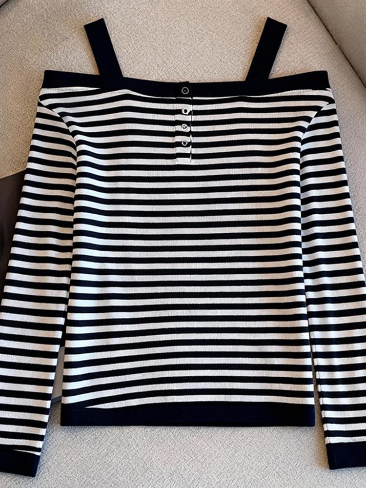 Striped Off-Shoulder Camisole Long-Sleeve T-Shirt for Women - Slim Fit Autumn Layered Top
