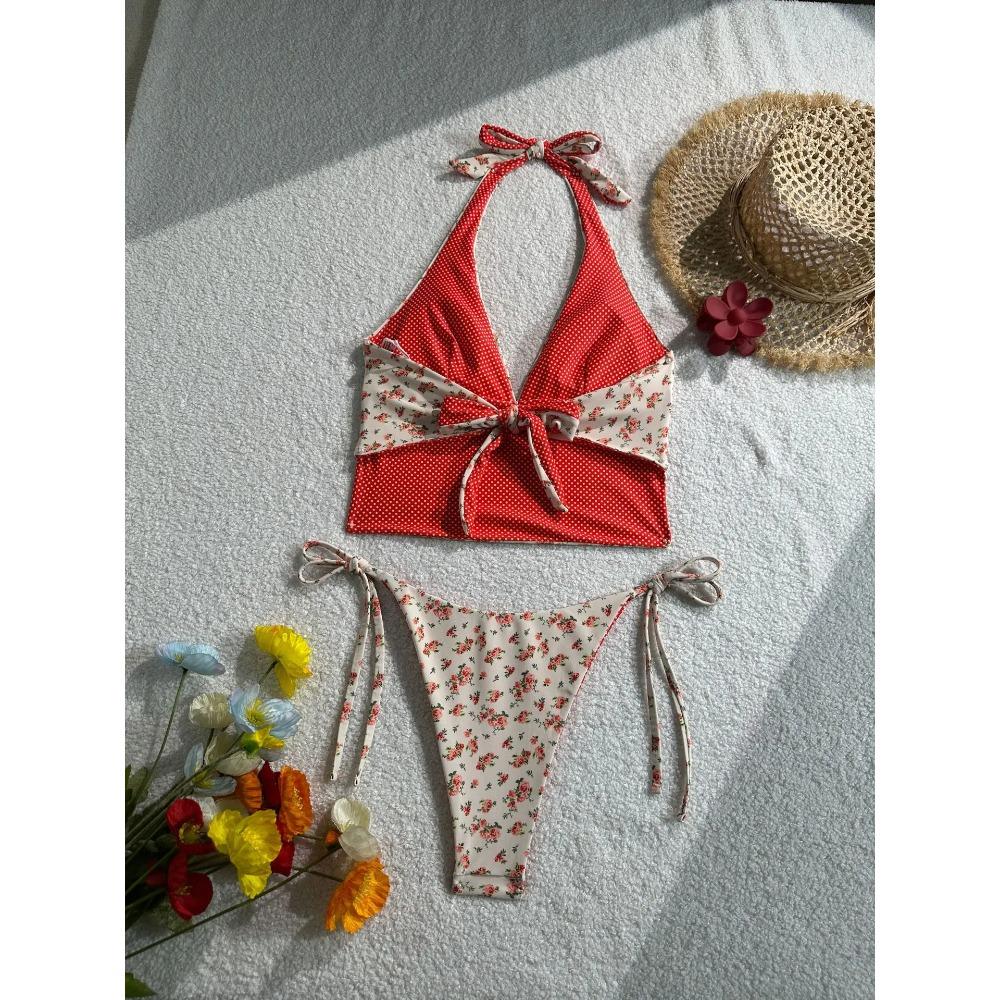 2026 Summer Floral Halter Bikini Women's Sexy Backless Swimwear with Tie Detail Summer Strappy Two Piece Bathing Suit Holiday