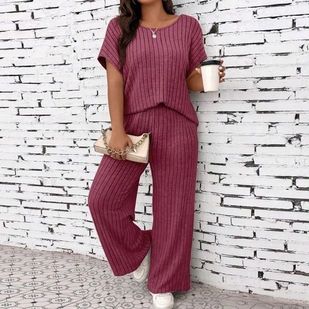 Women's Fashion  Color Casual Summer New Ribbed Top And Pants Set