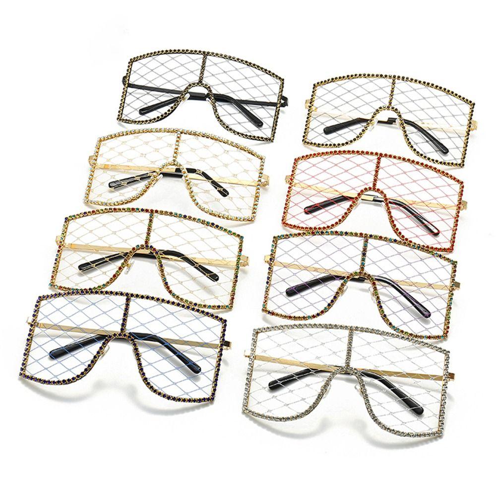 Vintage Oversized Rhinestone Mesh Glasses Colorful Diamond Sunglasses Hollow Out Glasses For Women