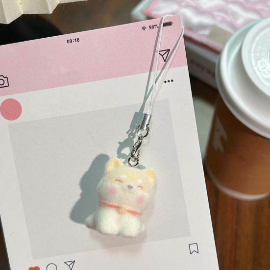 Decorative Pendant Flocking Puppy Shape Keychain Bag Charm with Lanyard Mobile Phone Bag Hanging Ornament