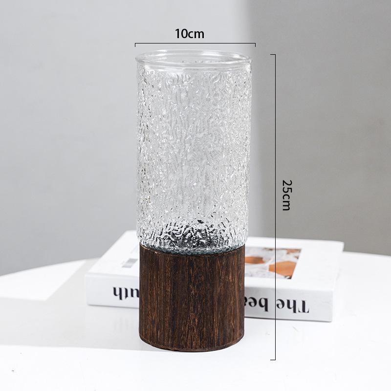 Vase en verre haut de gamme de style milieu de siècle avec base en bois pour fleurs fraîches, grand calibre, ornement hydroponique, livraison gratuite.