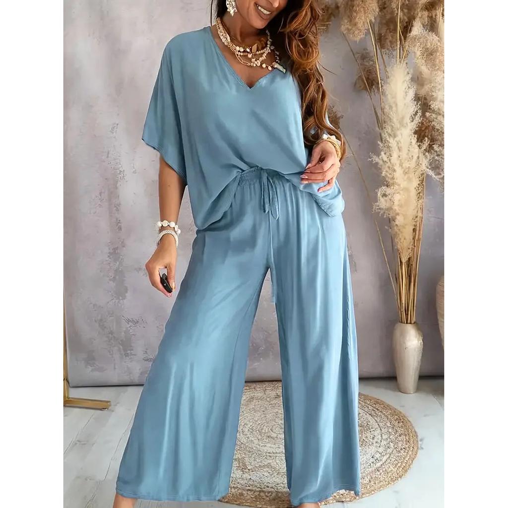 Summer White Two Piece Set for Women V Neck Bat Sleeve Top Casual Loose Lace Up Wide-leg Pants 2 Piece Suit Home Outfits Women's