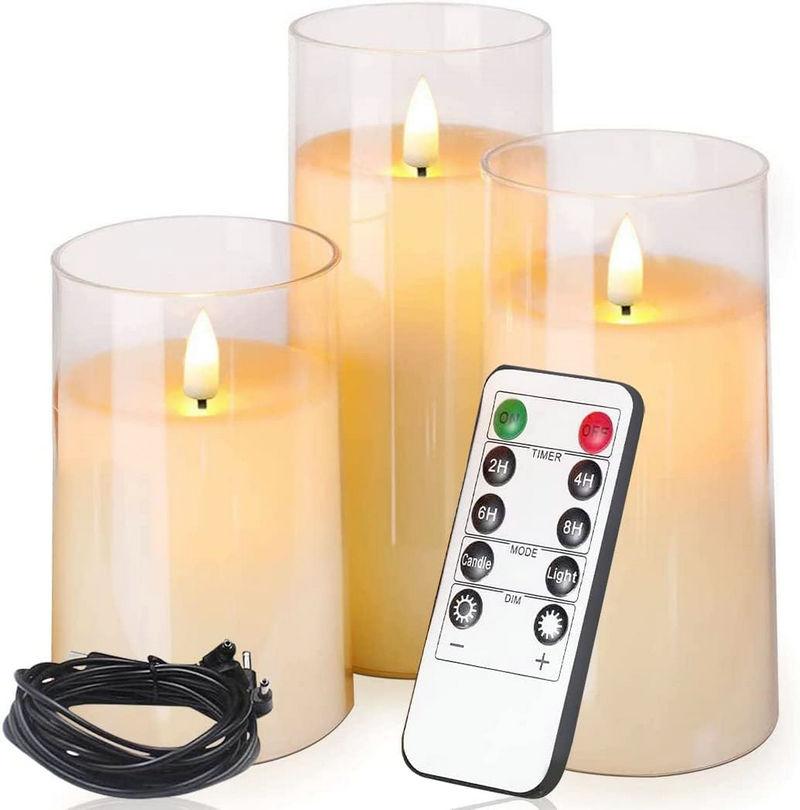 USB Rechargeable Led Pillar Candle Set Flameless Remote Controlled w/Timer LED Flickering 3D Wick Paraffin Wax Table Decorative