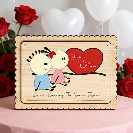 Wooden Couple Table Sign with Stand Farmhouse Rustic Cartoon Couple Ornament Valentine's Day Anniversary Wedding Party Decoration
