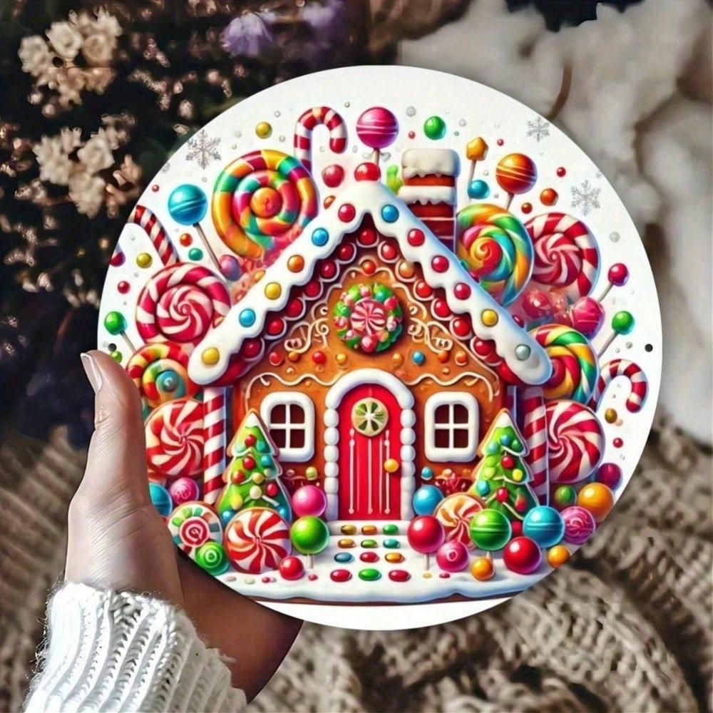 1pc Christmas Gingerbread House Metal Sign, Holiday Round Tin Plate Wall Art, Vintage Candy Decor for Home Bar Cafe
