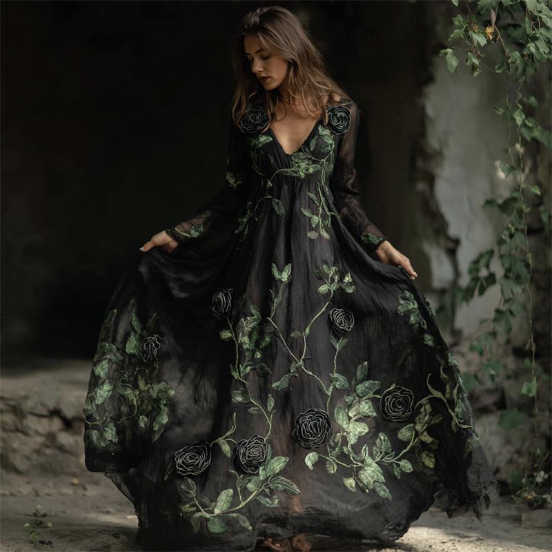 New Women's Autumn Dress Long Sleeve Halloween Dress V-Neck Splicing