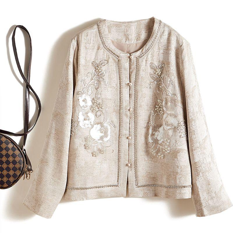 

Элегантный и Удобный Цвет! Качество жизни Женский круглый вырез Вышивка Бисером Блестящие Пайетки Длинные рукава Жаккардовая техника Верхняя одежда Beige White XL
