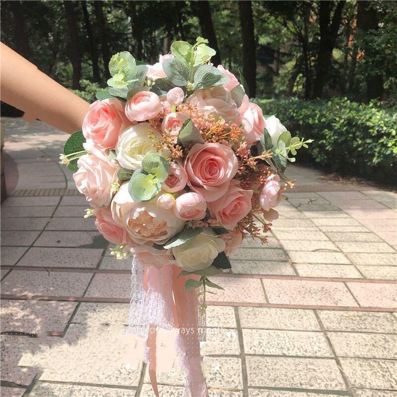 European Style Bridal Bouquet with Small Roses - Pink & White
