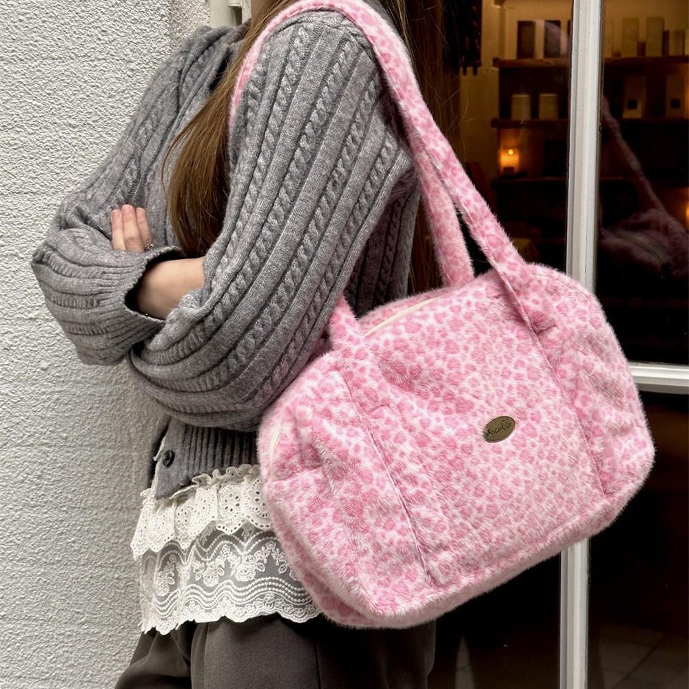 Gentle Light Color Leopard Print Plush Women's Shoulder Bags Lovely Large Capacity Ladies Handbag Casual Female Underarm Bags
