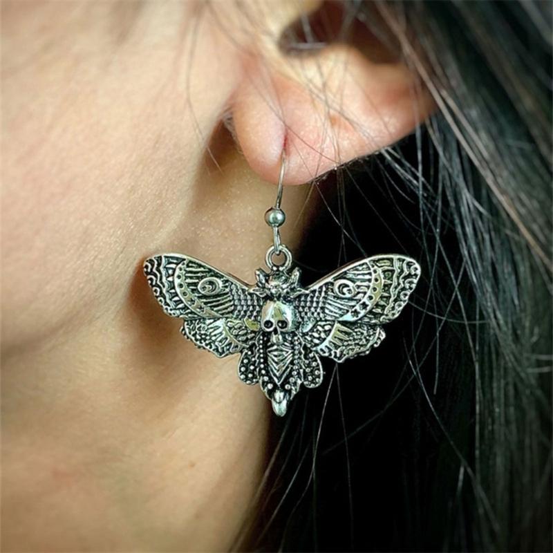 Goth Gothic Death Skull Moth Chain Earrings for Men Women Pendant Choker Earrings Vintage Punk Jewelry New Fashion