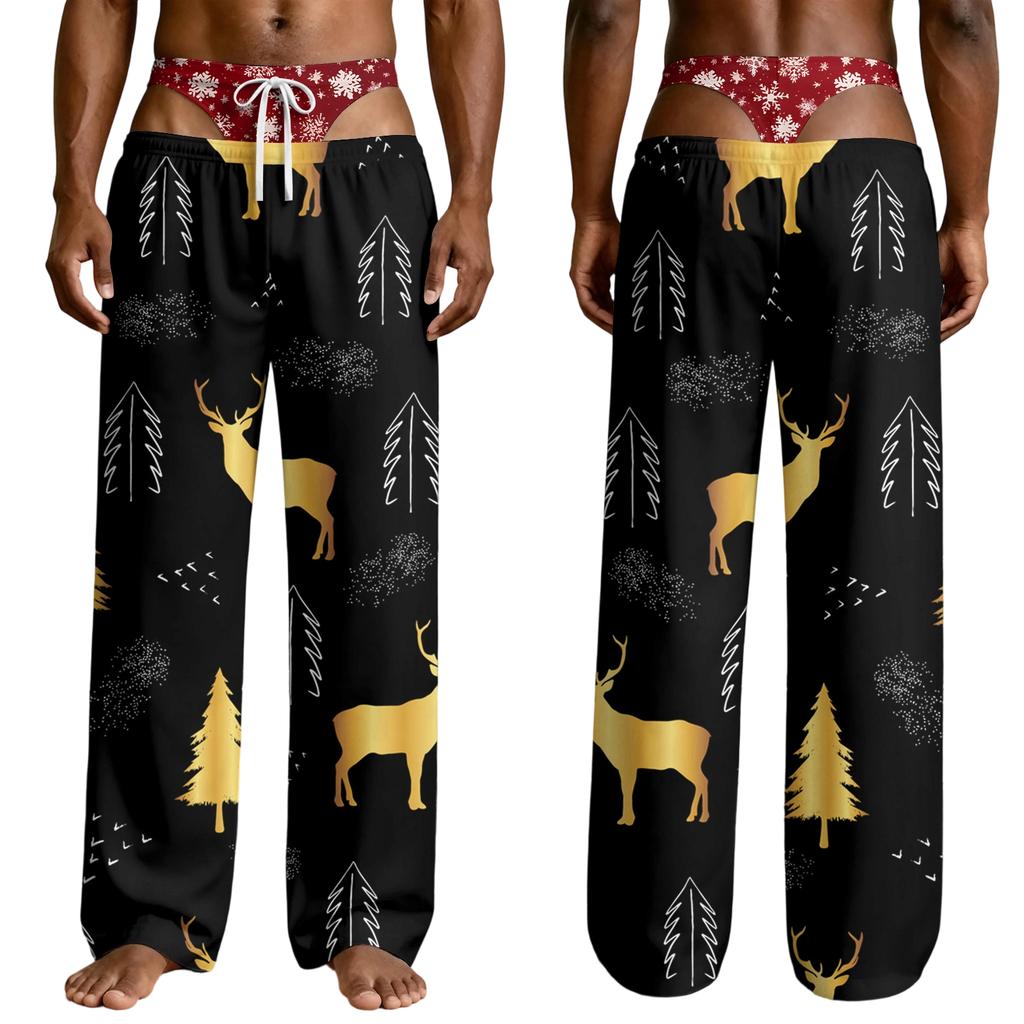 Men's Funny Novelty Pajama Pants with Fake Underwear Print - Halloween Sleepwear